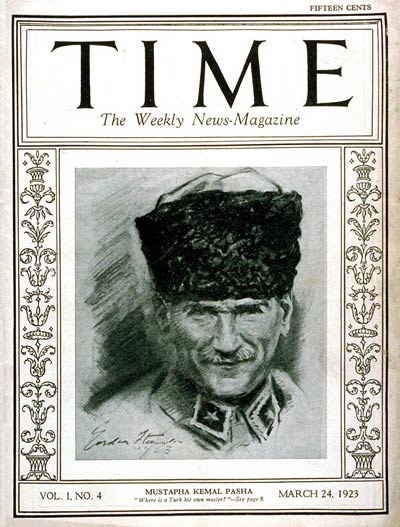 Mustafa Kemal Pasha on the cover of Time magazine's issue of 24 March 1923. The title reads: "Where is a Turk his own master?"