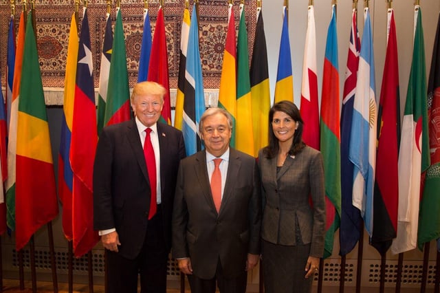 Haley alongside President Donald Trump and United Nations secretary-general António Guterres