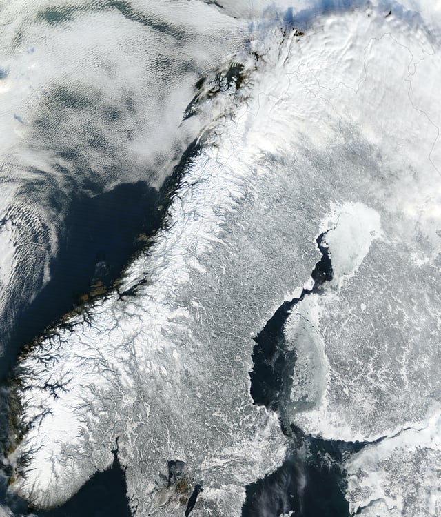 A satellite image of continental Norway in winter