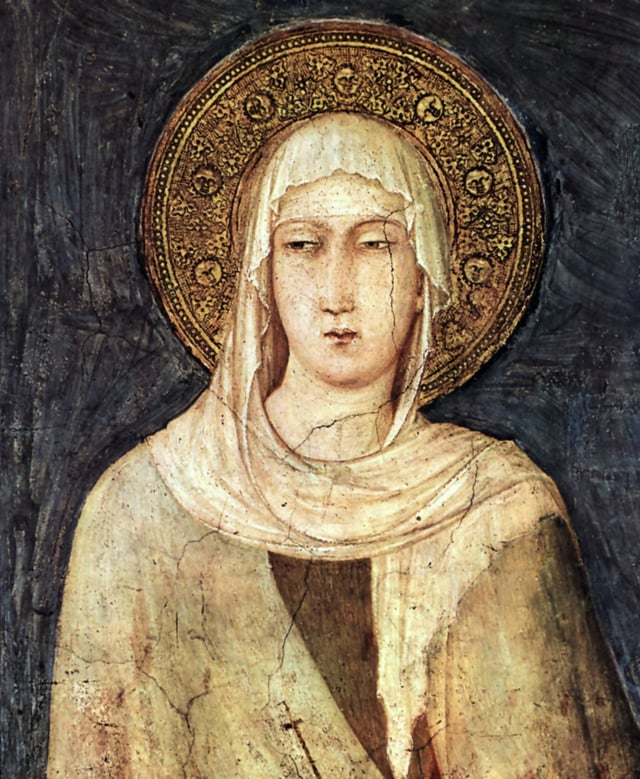 Clare of Assisi (1194–1253), founder of the Poor Clares, in a painting by Simone Martini (1284–1344) in the Basilica of San Francesco d'Assisi