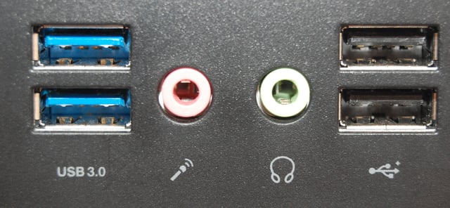 Two USB 3.0 Standard-A receptacles (left) and two USB 2.0 Standard-A receptacles (right) on a computer's front panel