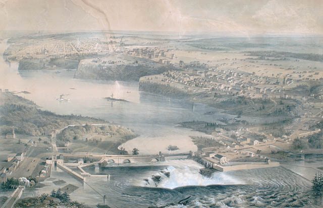 View of Ottawa in 1859, prior to the start of construction on Parliament Hill. Two years prior, Queen Victoria selected the city as the permanent capital of the Province of Canada.