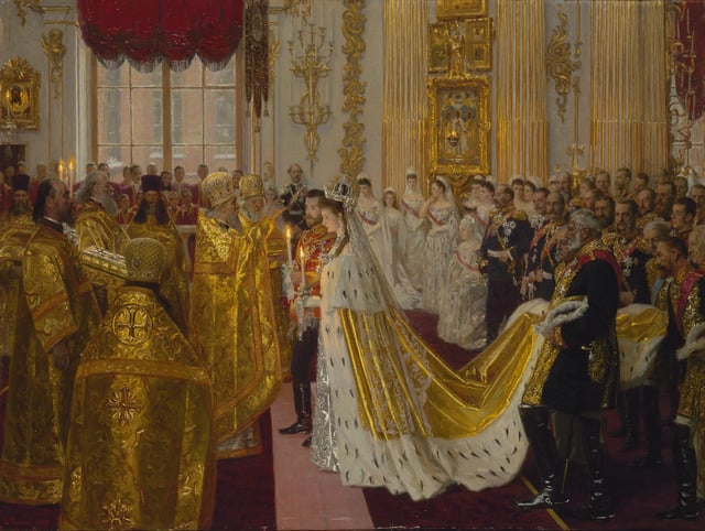 Portrait by Laurits Tuxen of the wedding of Tsar Nicholas II and the Princess Alix of Hesse-Darmstadt, which took place at the Chapel of the Winter Palace, St Petersburg, on 14/26 November 1894.