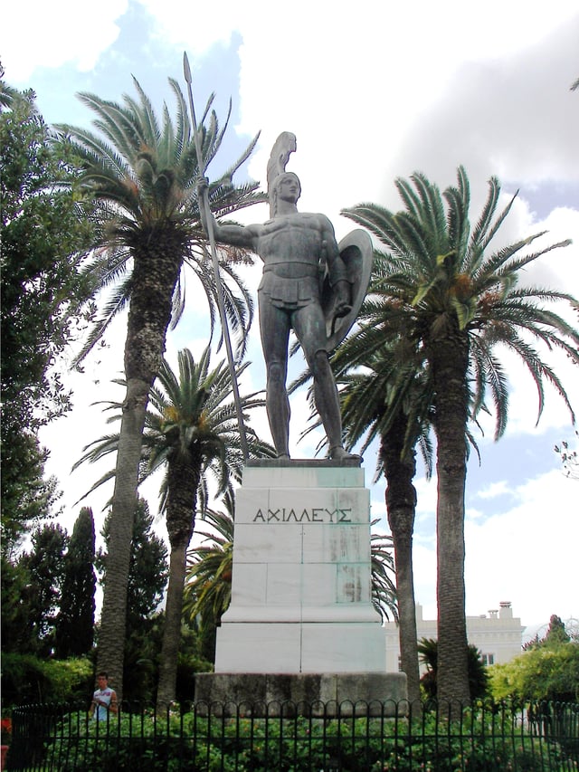 Achilles as guardian of the palace in the gardens of the Achilleion. He gazes northward, toward the city. The inscription in Greek reads: ΑΧΙΛΛΕΥΣ i.e. Achilles. It was commissioned by Kaiser Wilhelm II.