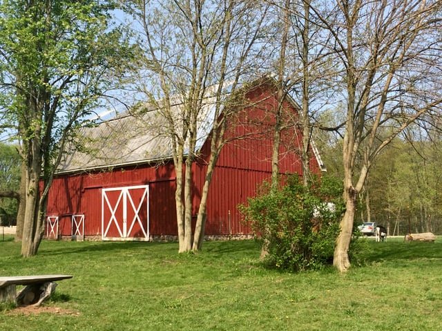 A barn belonging to the Blandford School at the Blandford Nature Center in early springtime
