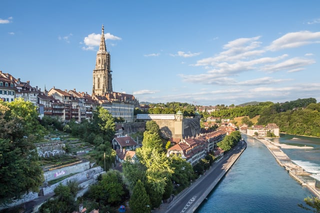 The Old City of Bern with the Minster and its platform above the lower Matte quarter and the Aare