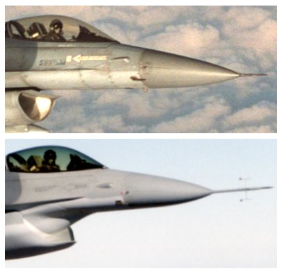 Testing of the F-35 diverterless supersonic inlet on an F-16 testbed. The original intake with Splitter plate is shown in the top image