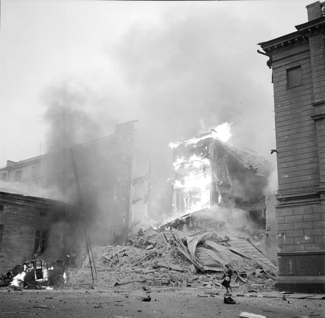 Fire at the corner of Lönnrotinkatu and Abrahaminkatu streets in Helsinki after Soviet aerial bombing of Helsinki on 30 November 1939