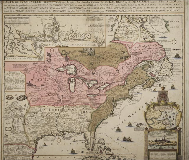 Lower Louisiana in the white area – the pink represents Canada – part of Canada below the great lakes was ceded to Louisiana in 1717. Brown represents British colonies (map before 1736)