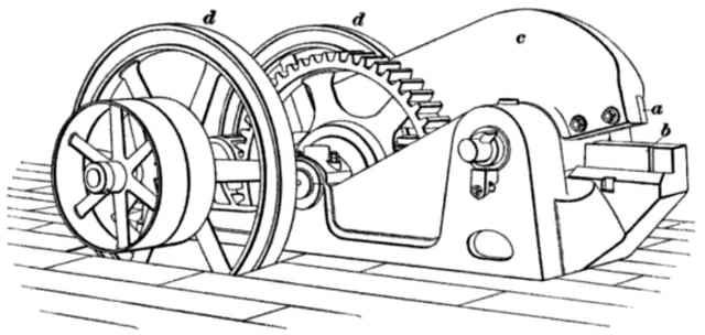 This 1906 rotary shear uses the moment of inertia of two flywheels to store kinetic energy which when released is used to cut metal stock (International Library of Technology, 1906).