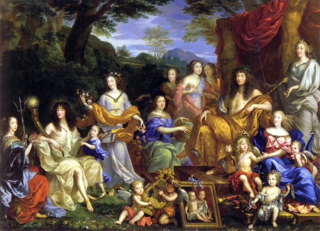Louis and his family portrayed as Roman gods in a 1670 painting by Jean Nocret. L to R: Louis' aunt, Henriette-Marie; his brother, Philippe, duc d'Orléans; the Duke's daughter, Marie Louise d'Orléans, and wife, Henriette-Anne Stuart; the Queen-mother, Anne of Austria; three daughters of Gaston d'Orléans; Louis XIV; the Dauphin Louis; Queen Marie-Thérèse; la Grande Mademoiselle.