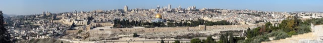 Panorama of the Temple Mount, including Al-Aqsa Mosque, and Dome of the Rock, from the Mount of Olives