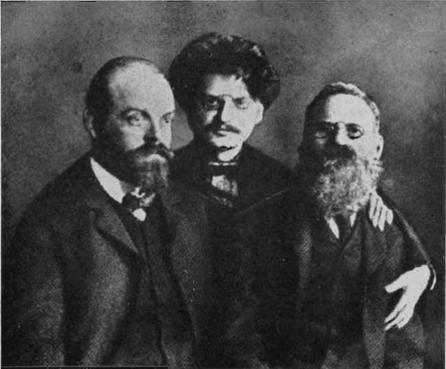 Trotsky with Alexander Parvus (left) and Leo Deutsch (right) in Saint Peter and Paul Fortress prison at Saint Petersburg in 1906