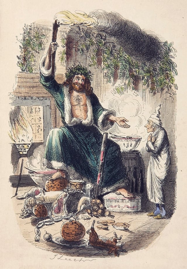 Ebenezer Scrooge and the Ghost of Christmas Present. From Charles Dickens' A Christmas Carol