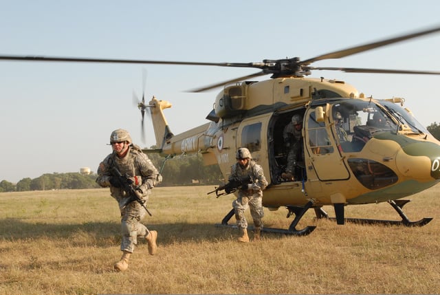 Indian Army Aviation Corps Dhruv helicopter ferrying U.S soldiers during the Yudh Abhyas training exercise in 2009.
