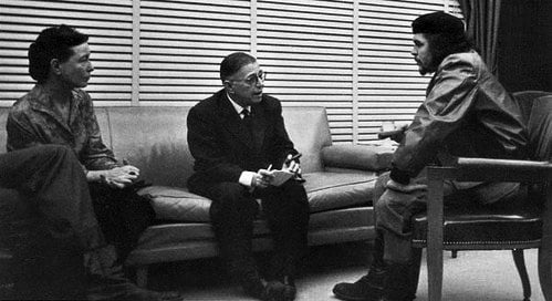 Guevara meeting with French existentialist philosophers Jean-Paul Sartre and Simone de Beauvoir at his office in Havana, March 1960. Sartre later wrote that Che was "the most complete human being of our time". In addition to Spanish, Guevara was fluent in French.