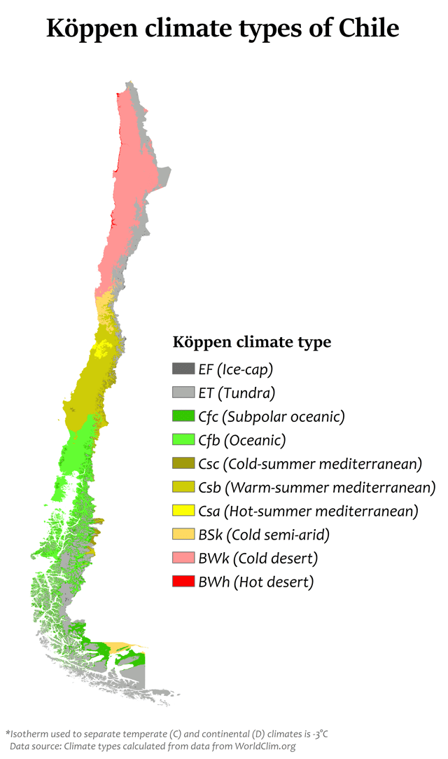 Chile map of Köppen climate classification.