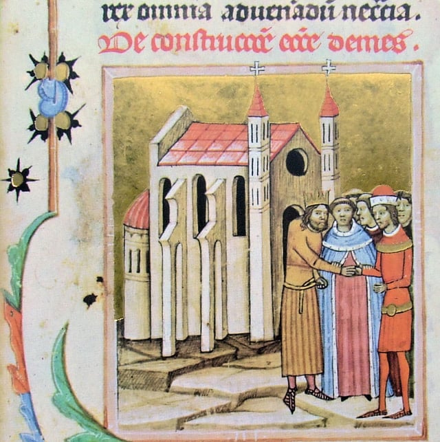 The reconciliation between Coloman and his brother Álmos at the consecration of the monastery of Dömös (from the Illuminated Chronicle)
