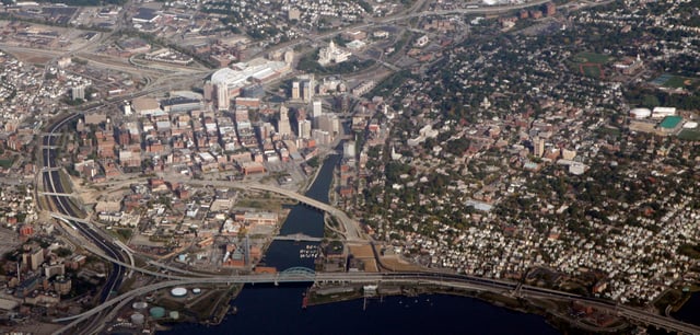 Downtown Providence and the East Side, 2010. Note the demolition of the previous I-195 as part of the Iway project.