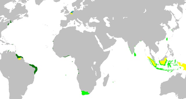 A map of the Dutch colonial empire. Light green: territories administered by or originating from territories administered by the Dutch East India Company; dark green: the Dutch West India Company. In yellow are the territories occupied later, during the 19th century.