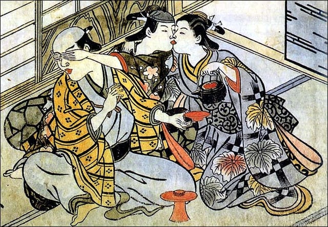 Shudo (Japanese pederasty): a young male entertains an older male lover, covering his eyes while surreptitiously kissing a female servant.