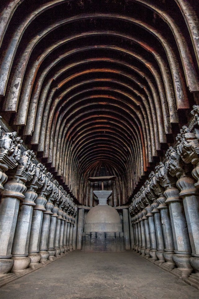 The Great Chaitya in the Karla Caves, Maharashtra, India, c. 120 CE. The  Satavahana rulers made grants for its construction.