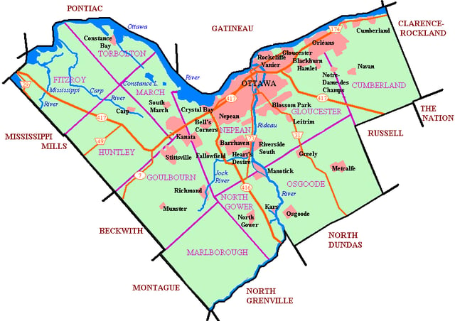 Map of Ottawa showing urban areas and names of historic communities