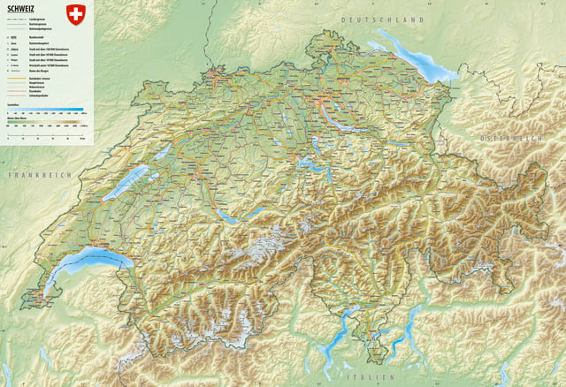 Physical map of Switzerland (in German)
