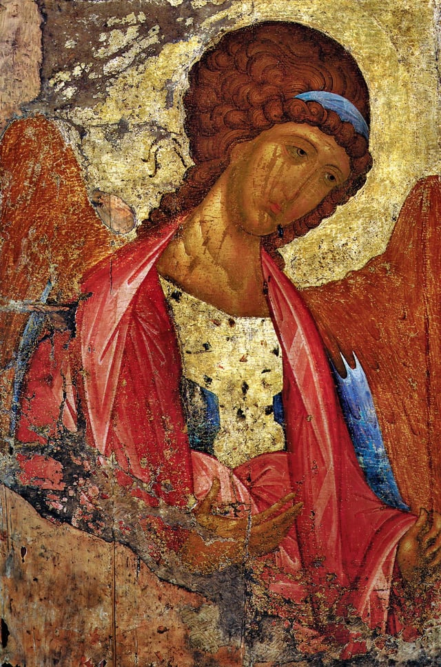 Archangel Michael fresco (1408) by Andrei Rublev, which represents the typical Russo-Byzantine style of art