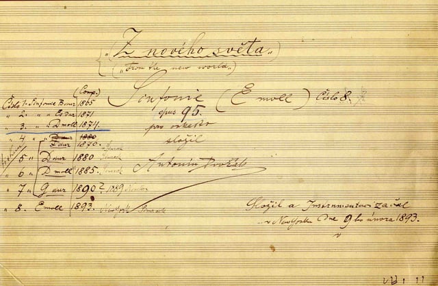 Title page of the autograph score of Dvořák's Ninth Symphony