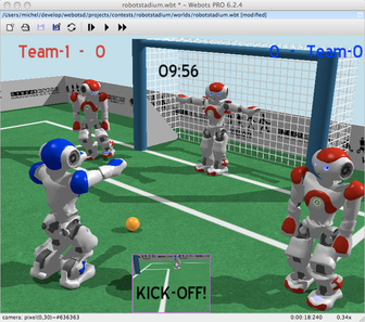 Nao robots in a Webots RoboCup soccer simulation.