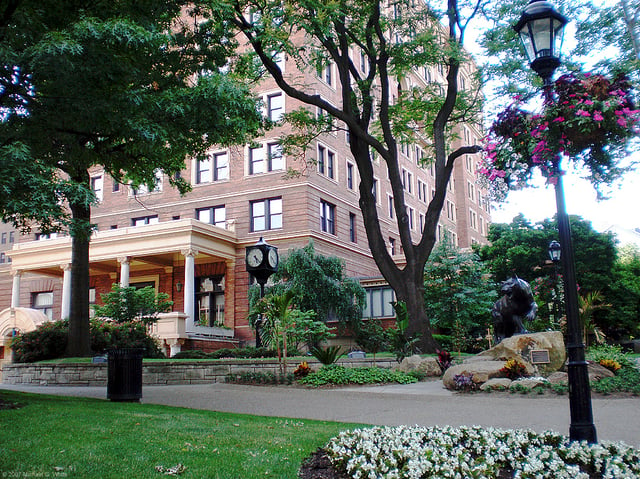Student media and other organizations are largely headquartered within the William Pitt Union, seen here with the Millennium Panther.