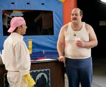 H. Jon Benjamin as a live action version of Master Shake named Don Shake (left) and David Long, Jr. as a live version Carl Brutananadilewski in "Last Last One Forever and Ever".
