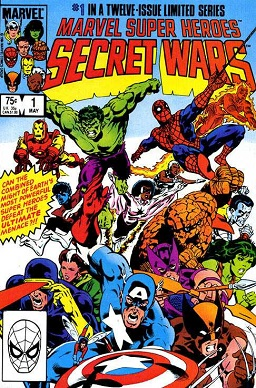 Marvel Super Heroes Secret Wars #1 (May 1984). Cover art by Mike Zeck depicting Captain America, Wolverine, Cyclops, Hawkeye, Rogue, She-Hulk, The Thing, Colossus, Monica Rambeau, Nightcrawler, Spider-Man, Human Torch, Hulk, Iron Man and Storm.