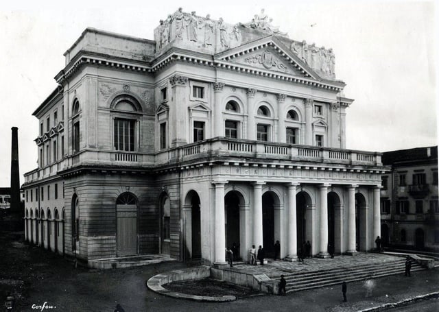 The Municipal Theatre of Corfu, which in the early 20th century replaced the legendary Nobile Teatro di San Giacomo. This photograph shows the theatre prior to the 1943 Luftwaffe bombardment and its subsequent destruction during WWII.