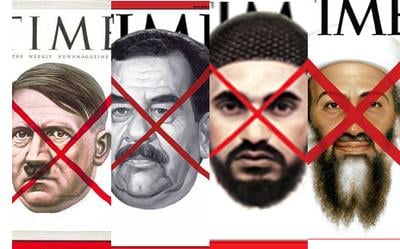 Time red X covers: from left to right, Adolf Hitler, Saddam Hussein, Abu Musab al-Zarqawi, and Osama bin Laden