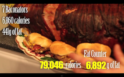 Wendy's Baconators being added in the "TurBaconEpic Thanksgiving" episode, with the individual and total fat and calorie counters visible