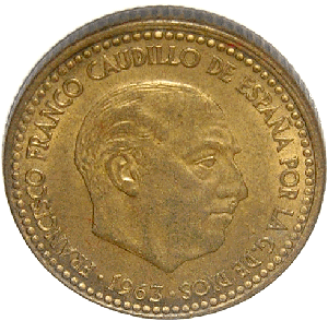1963 Spanish peseta coin with an image of Franco and lettering reading: "Francisco Franco, Leader of Spain, by the grace of God"