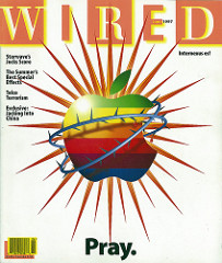 Cover of the June 1997 issue. The main article was about Apple Computer's NeXT acquisition, Steve Jobs' return as an "advisor" to then-CEO Gil Amelio, and Apple's dire straits at the time. It depicts the iconic Apple logo being crucified. The tagline "Pray" is a nod to the company's Apple evangelists and "devout" followers.