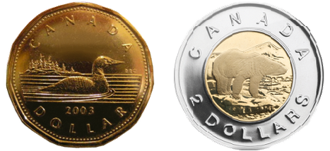 The one- and two-dollar coins, nicknamed the loonie and toonie.