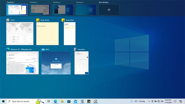 The "Task View" display is a new feature to Windows 10, allowing the use of multiple workspaces.