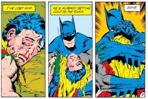 The scene from Batman #428 (1988), in which Batman discovers that Jason Todd is dead