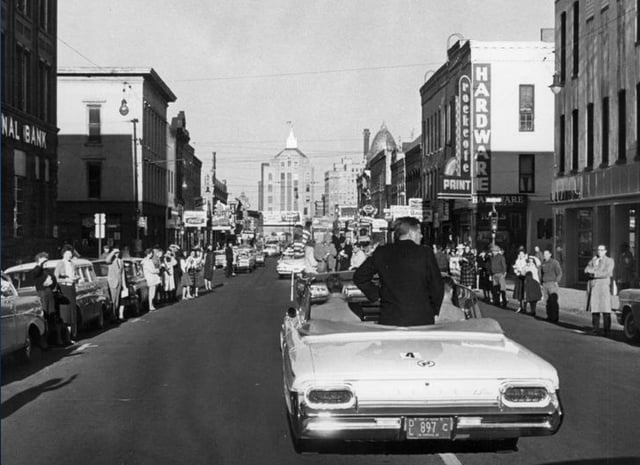 John F. Kennedy campaigns through State Street in downtown Rockford in 1960.