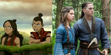 Katara and Sokka as depicted in the third season of the animated series (left) and live-action film (right). The casting of white actors to portray dark-skinned characters sparked controversy and accusations of racism against the studio and casting agencies.
