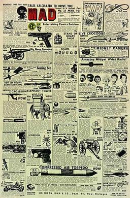 First cover appearance (issue 21, March 1955) of Alfred E. Neuman in a fake advertisement satirizing the popular mail-order house Johnson Smith Company