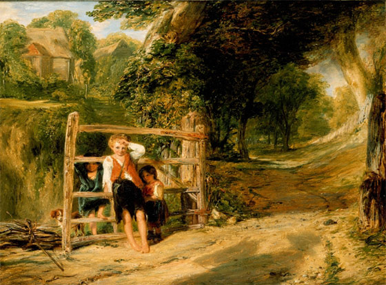 Rustic Civility by William Collins showing a child "tugging his forelock" as a person of higher standing passes on horseback (only visible by the shadow)
