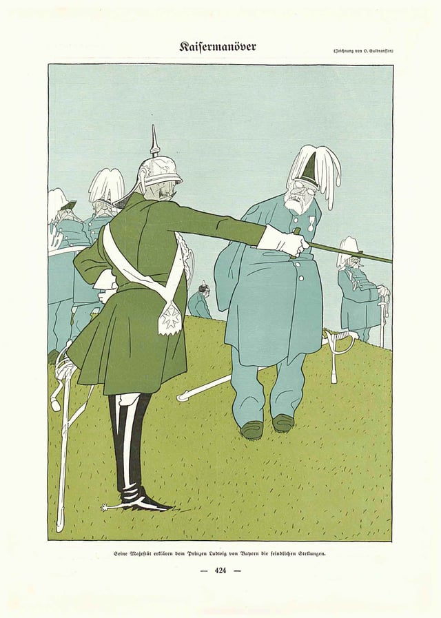 Caricature by Olaf Gulbransson 1909: "Manoeuvre: Emperor William II explains the enemy's positions to Prince Ludwig of Bavaria"
