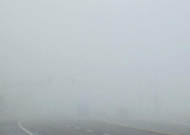 Dense tule fog in Bakersfield, California: Visibility in this photo is less than 500 feet (150 m).