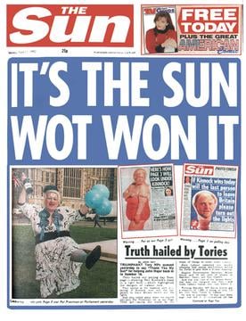 "It's The Sun Wot Won It": front page of The Sun on 11 April 1992 after the Conservatives won the election. The headline is regularly mentioned in debates about media influence in British politics.