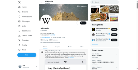 The Twitter account page for Wikipedia, demonstrating the account-customized timeline view which shows tweets in reverse chronological order